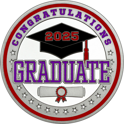 Purple "Congratulations Graduate" with Red 2025, Rim, Tassel & Ribbon